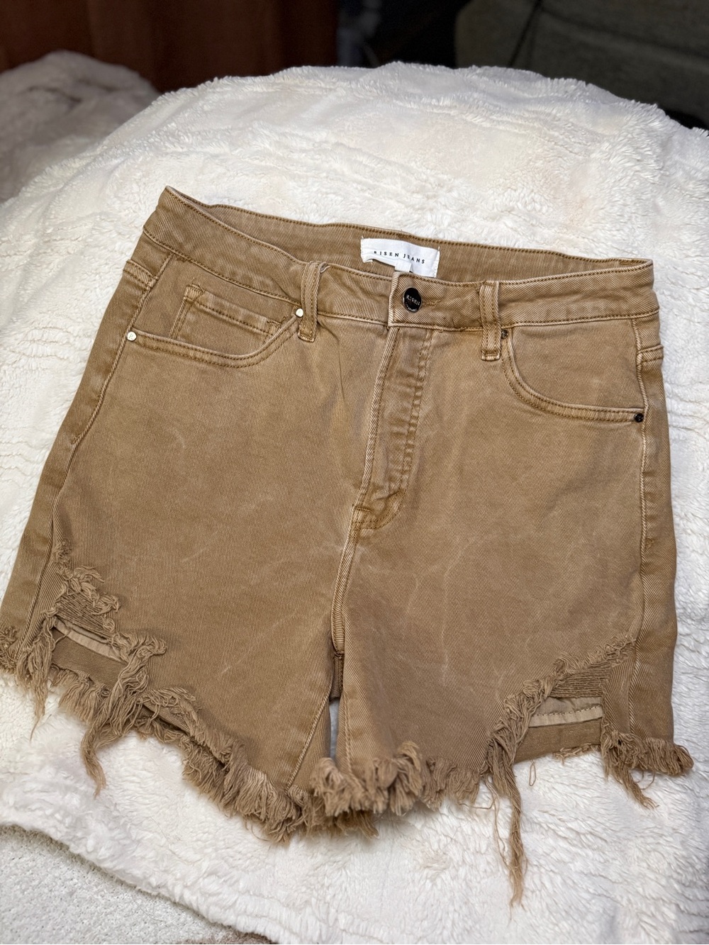 High-Rise Frayed Hem Women's Shorts in Tan